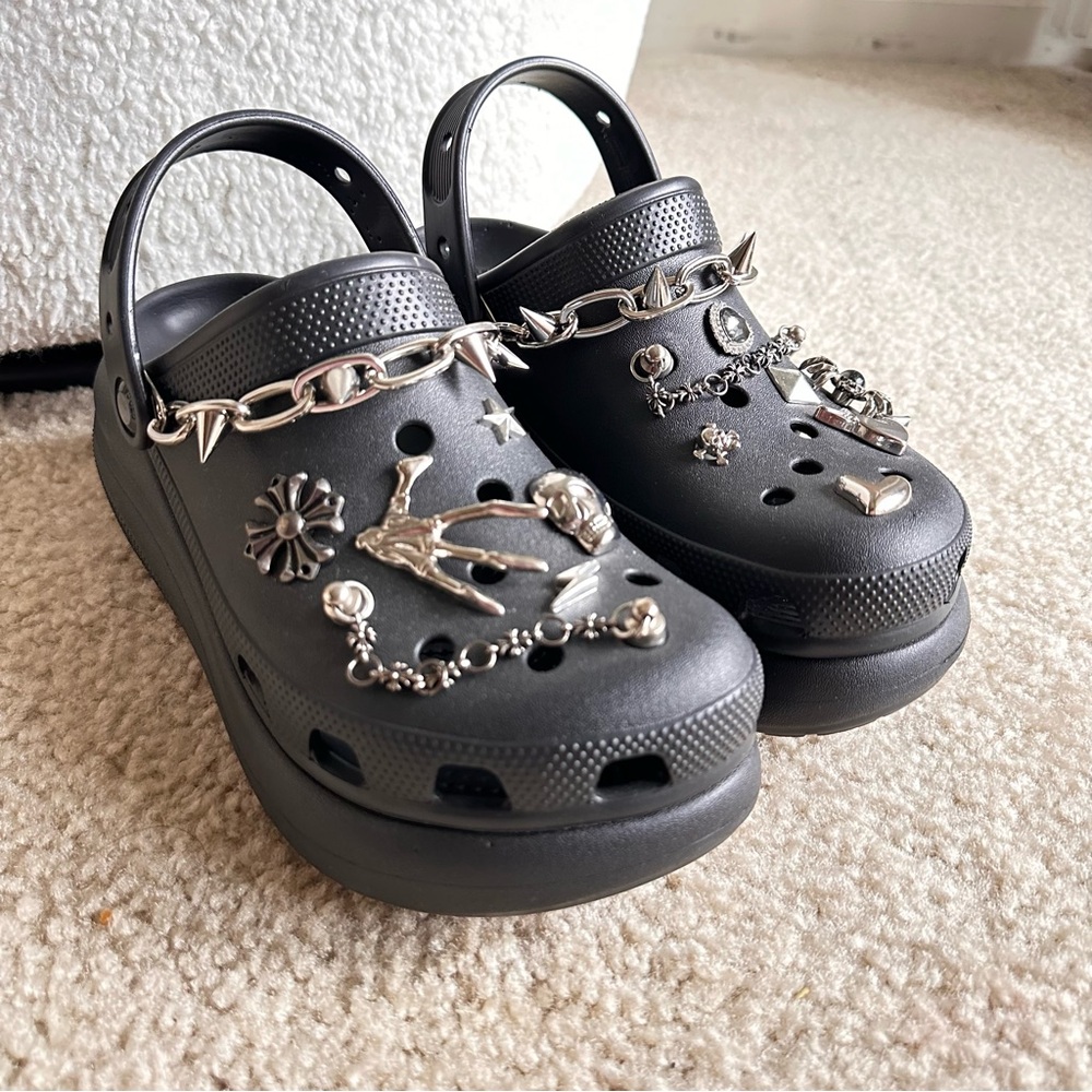 CROCS Black and Silver Mules with Metallic Charms